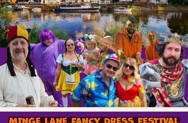 Poster Showing Upton and a selection of people in fancy dress including a King
