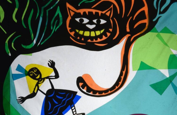 a colourful cartoon version of Alice and the Cheshire Cat