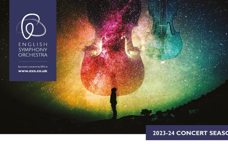 Image of the night sky with overlaid images of violins - ESO 2023/24 Concert Season