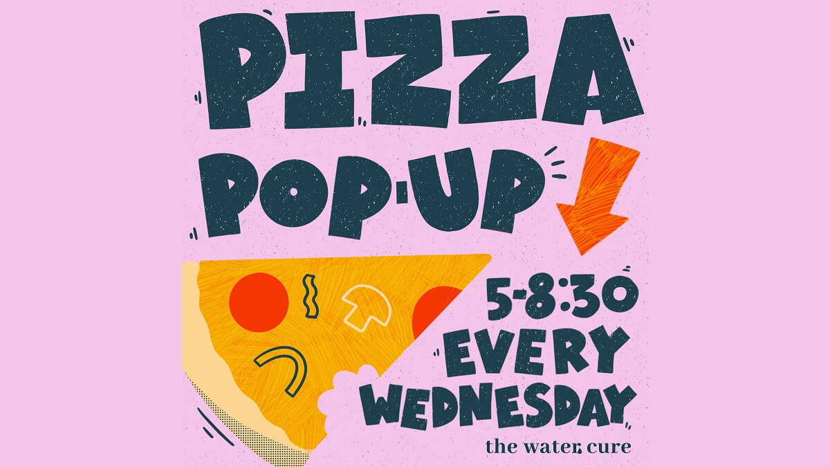 Pizza pop-up - 5pm - 8.30pm Wednesday (purple background with stylised image of a pizza slice)