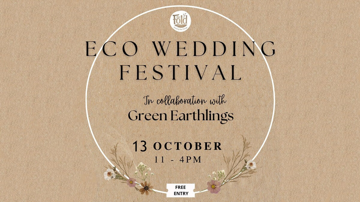 Textured beige background with text that reads 'Eco Wedding Festival in collaboration with Green Earthlings - 13 October from 11am - 4pm - free entry'