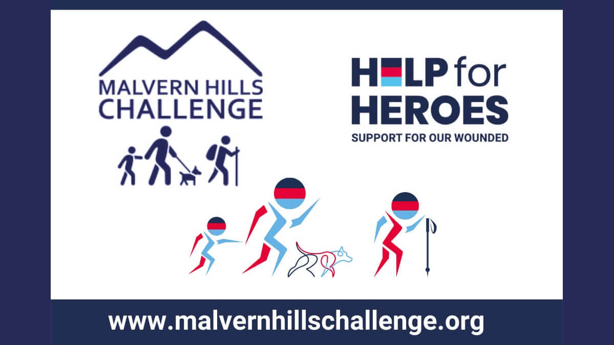 Malvern Hills Challenge for Help For Heroes - depicts outline of Malvern Hills and six walkers with two dogs