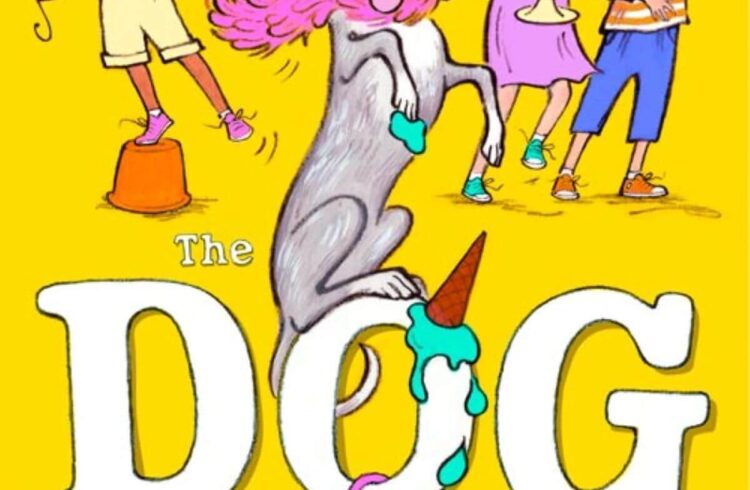 A cartoon children's book cover with children throwing a party for a dog