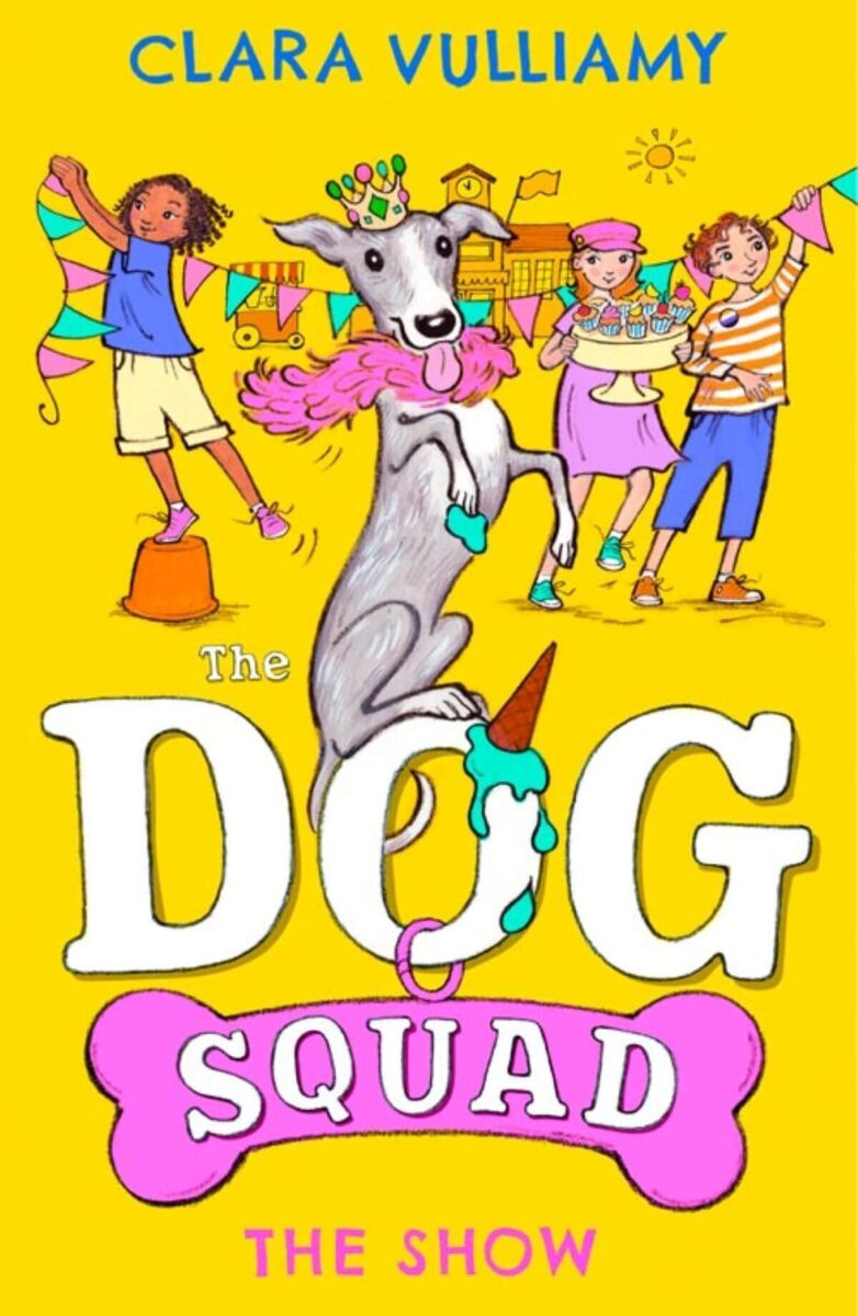 A cartoon children's book cover with children throwing a party for a dog