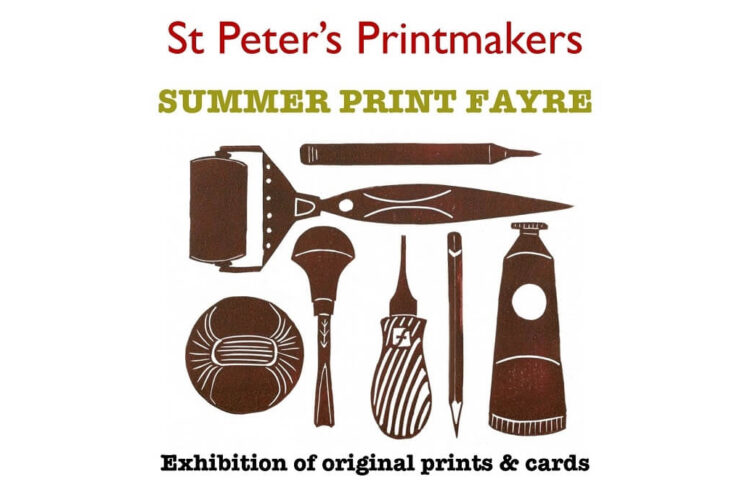 An image showing various printing tools with text 'St Peter's Printmakers - Summer Print Fayre' above