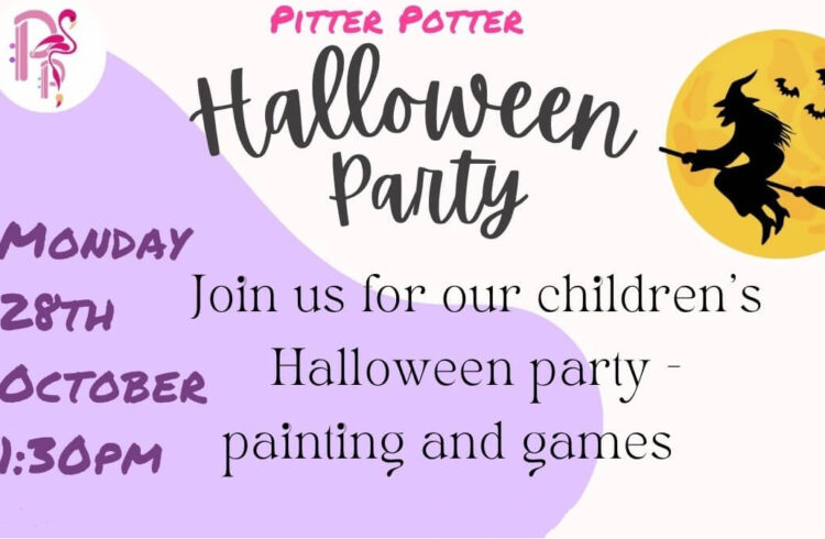 Pitter Potter Halloween Party - colourful advert showing witch on a broomstick