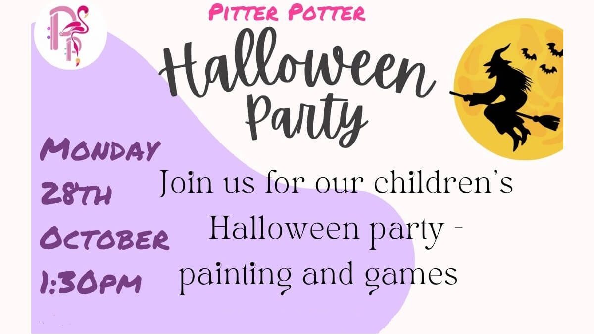 Pitter Potter Halloween Party - colourful advert showing witch on a broomstick