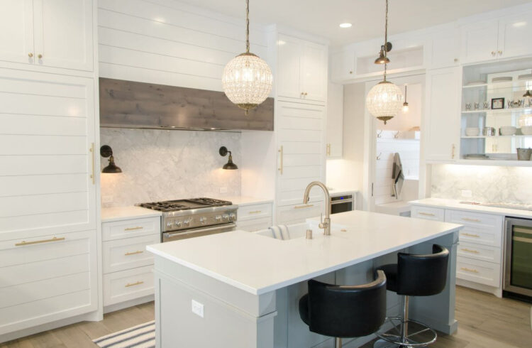 A modern, white kitchen