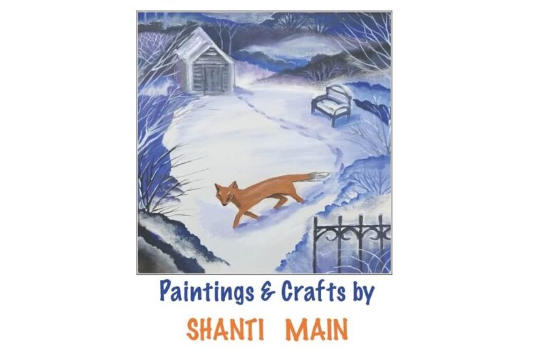 A painting of a winter scene with a fox walking in the snow