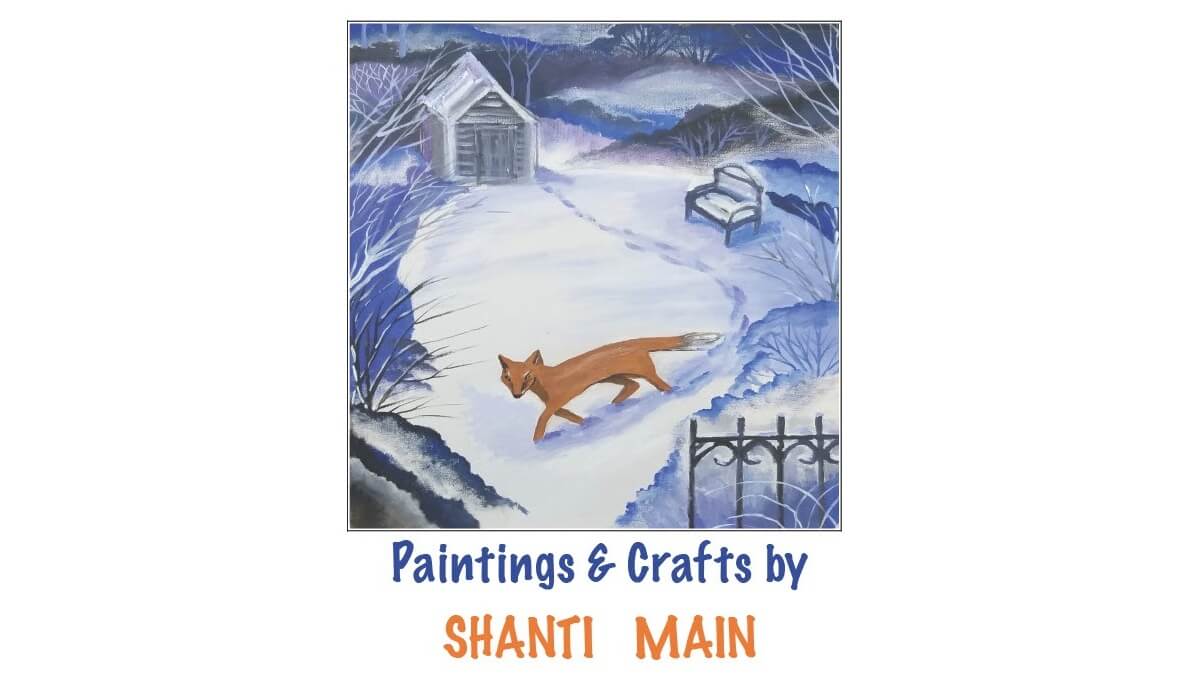 A painting of a winter scene with a fox walking in the snow