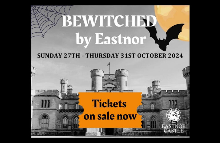 Text 'Bewitched by Eastnor' above photo of Eastnor Castle with bat and spider's web