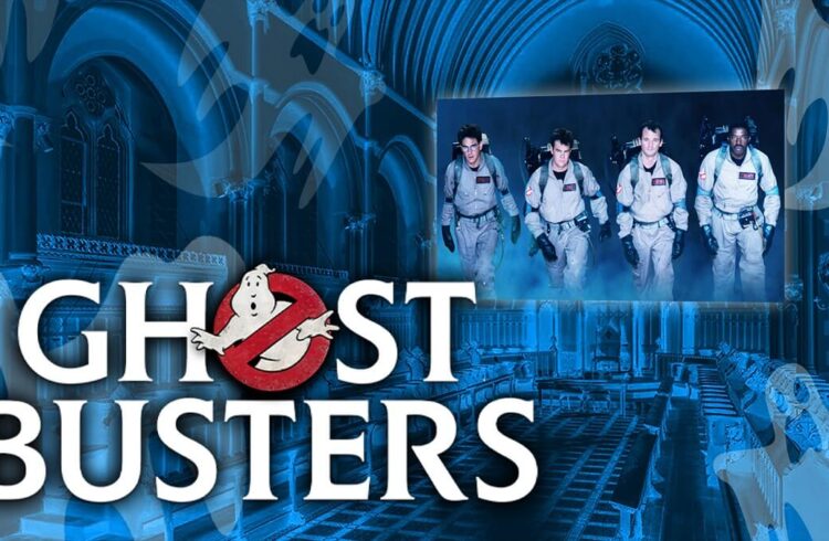 Poster for Ghost Busters film screening with four characters shown on screen