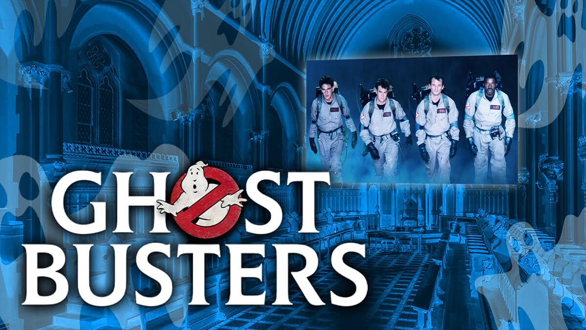 Poster for Ghost Busters film screening with four characters shown on screen