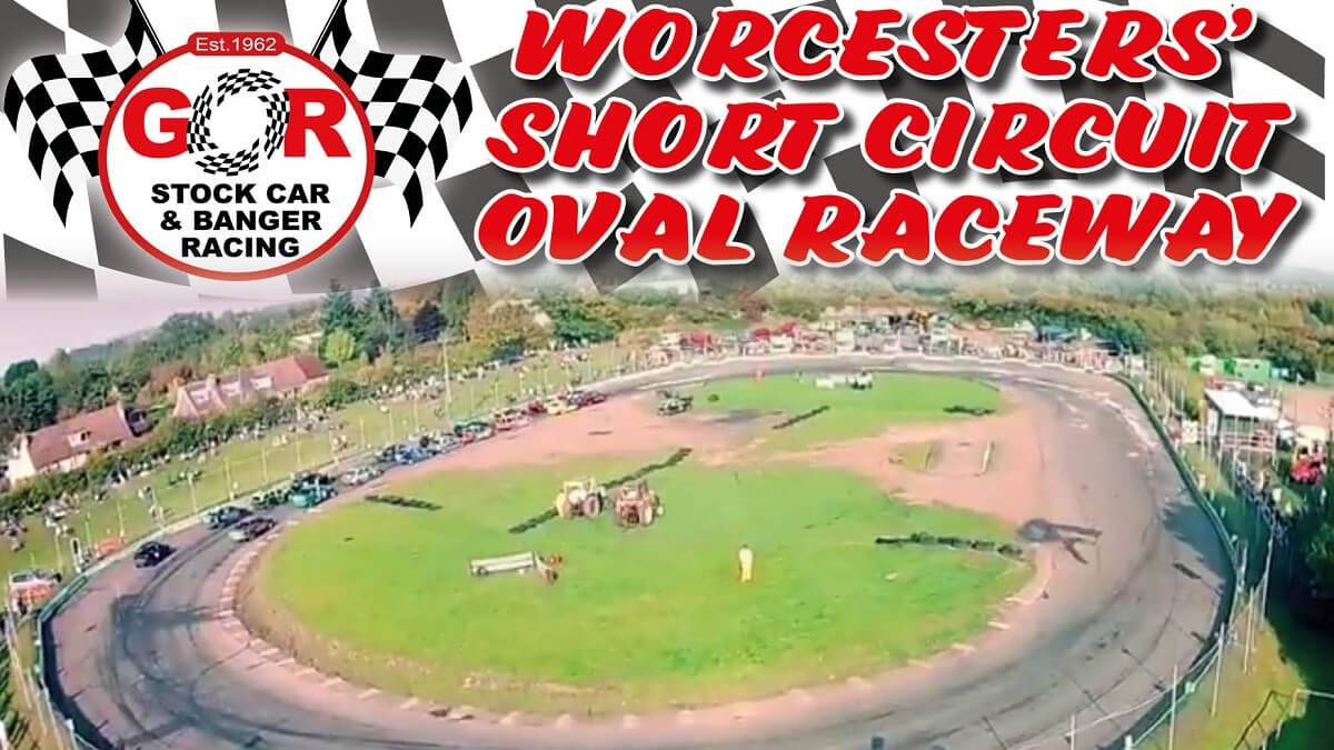 Text 'Worcester's Short Circuit Oval Raceway' above aerial photo of oval racing track with grassy area in centre