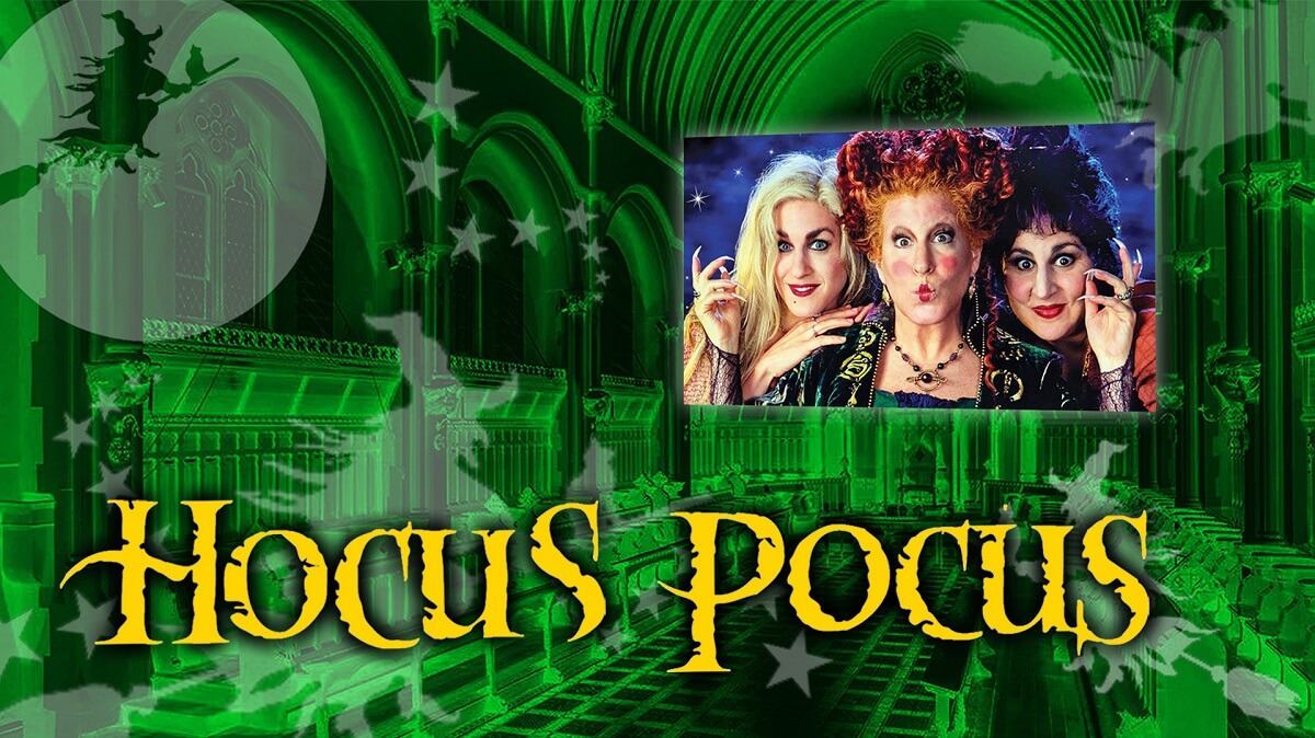 Poster for Hocus Pocus film screening with three characters shown on screen