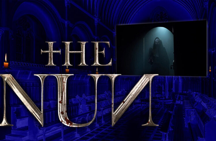 Poster for The Nun film screening with shadowy figure shown on screen