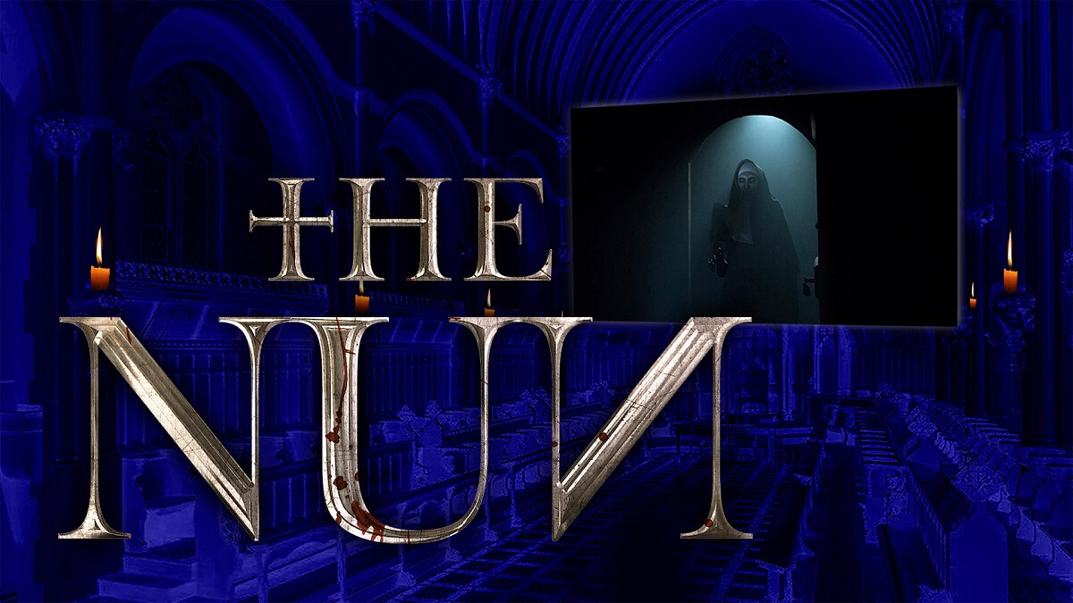 Poster for The Nun film screening with shadowy figure shown on screen