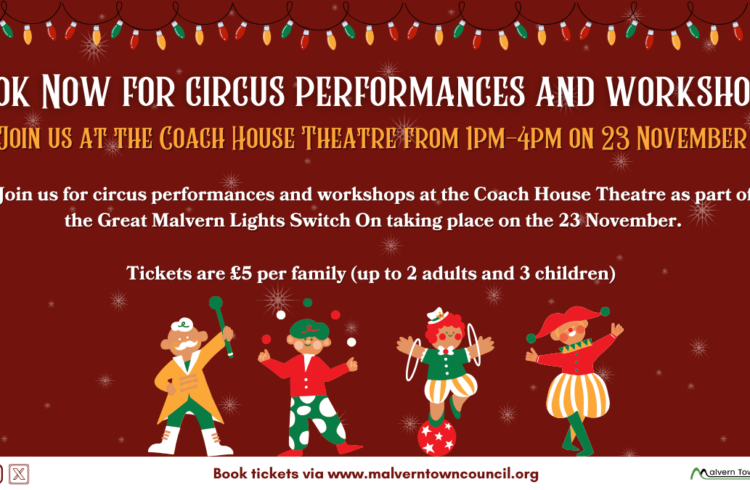 A red background with coloured lights running along the top and festively dressed circus figures below (see event description for information from text)