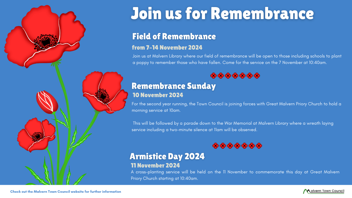 A blue background with stylised images of red poppies to the left (see event descriptions for information from text)