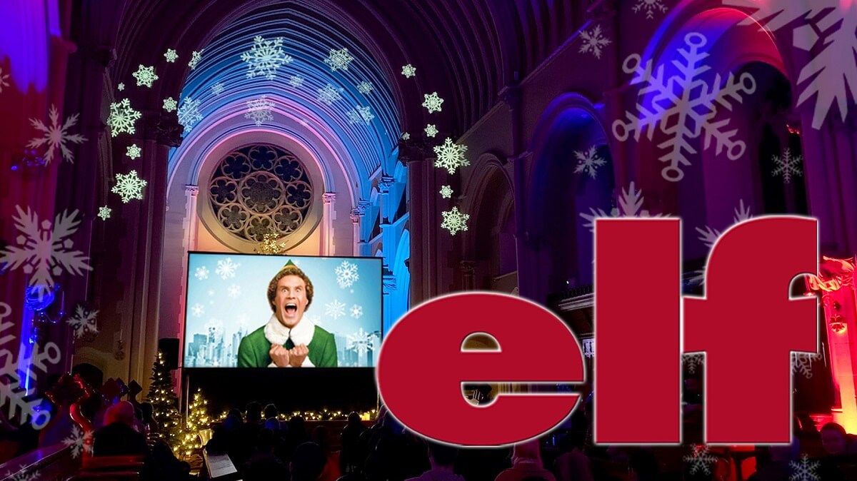 A scene from the film 'Elf' shown on a big screen at Stanbrook Abbey