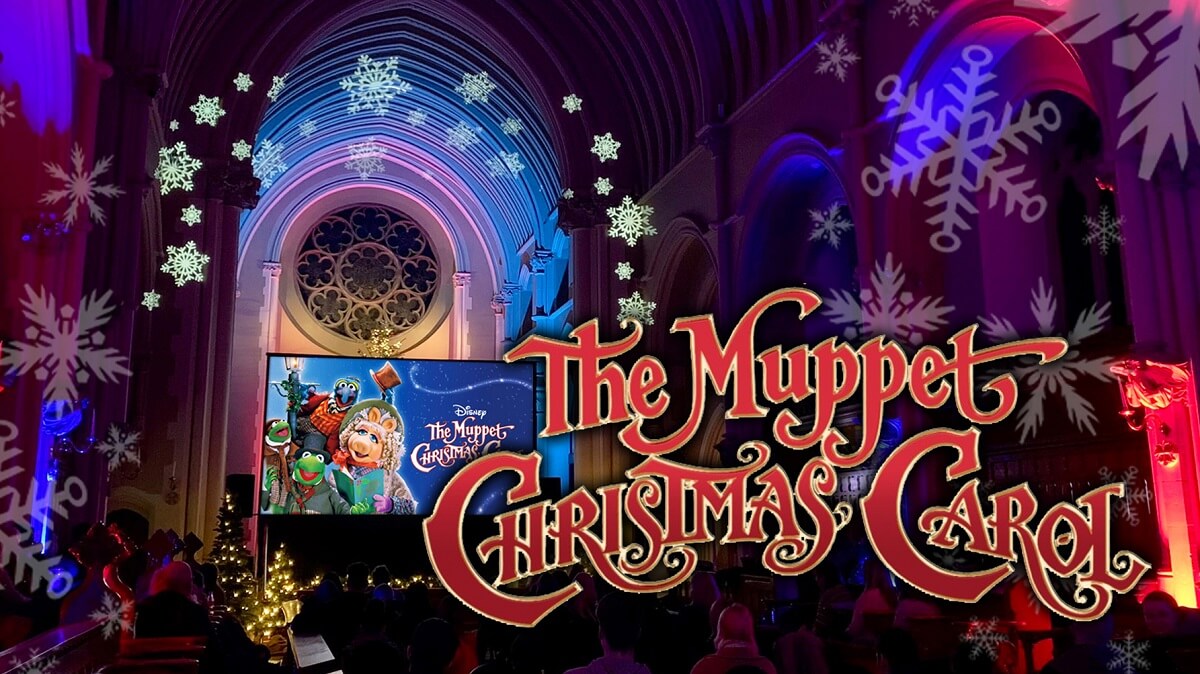 A scene from the film 'The Muppet Christmas Carol' shown on a big screen at Stanbrook Abbey