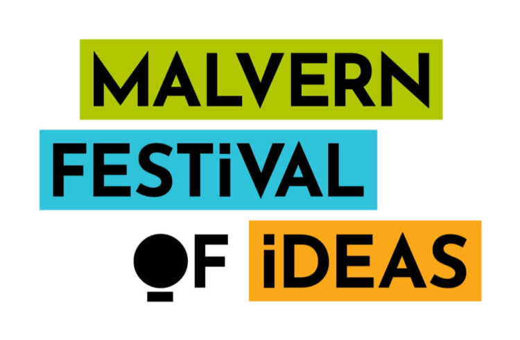 Malvern Festival of Ideas logo 2024, with green, blue and orange used as background colours for text