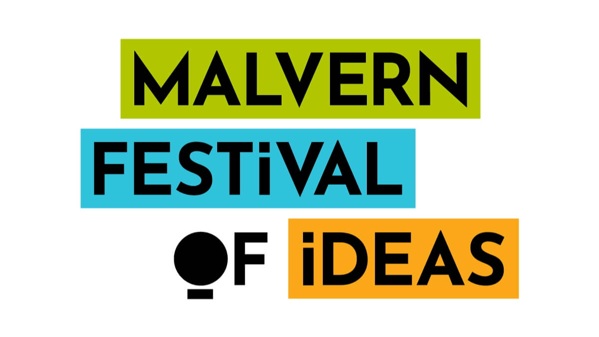 Malvern Festival of Ideas logo 2024, with green, blue and orange used as background colours for text